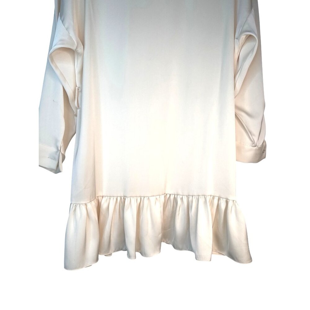 ZARA Cream Medium Satin Button-Up Drop Sleeve Ruffle Hem Shirt Dress - Picture 12 of 14